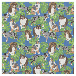 Aussies Australian Shepherd Dogs Tropical Leaves Fabric