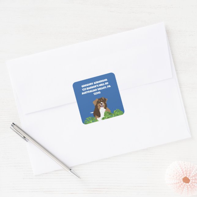 Aussies Australian Shepherd Dogs Tropical Leaves Square Sticker (Envelope)