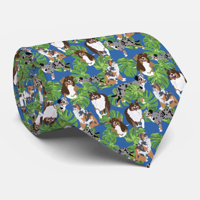 Aussies Australian Shepherd Dogs Tropical Leaves Tie (Rolled)