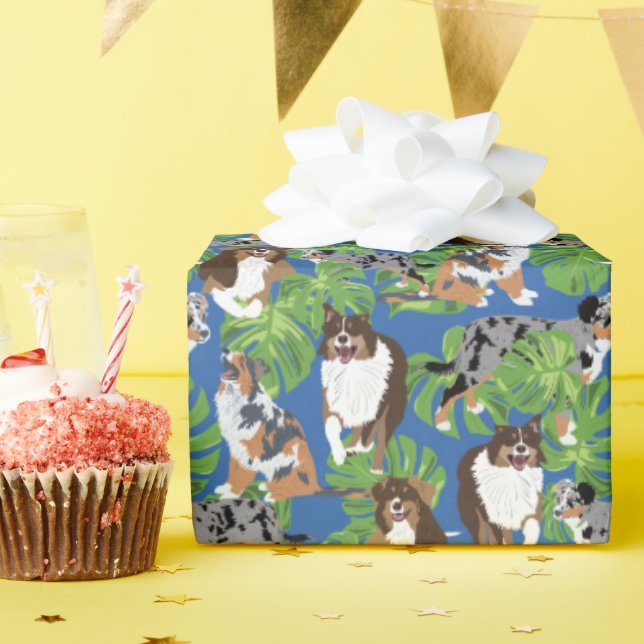 Aussies Australian Shepherd Dogs Tropical Leaves Wrapping Paper (Birthday Party)