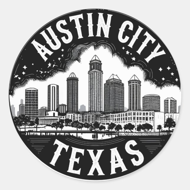 Austin City Texas Skyline Retro Black & White Art Classic Round Sticker (Front)
