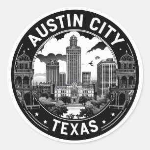 Austin City Texas Skyline Retro Black & White Art Classic Round Sticker
