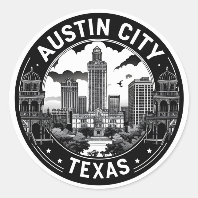 Austin City Texas Skyline Retro Black & White Art Classic Round Sticker (Front)