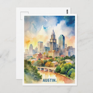 Austin City Watercolor Painting Postcard