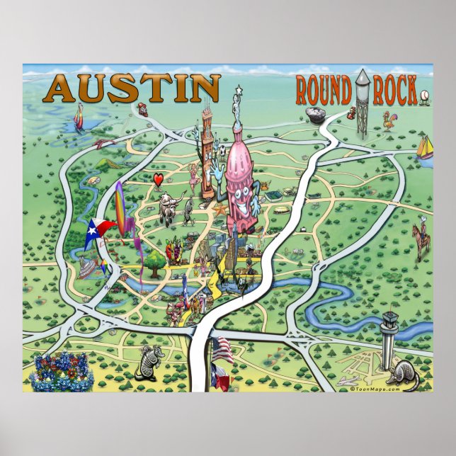 Austin Round Rock Texas Fun Map Poster (Front)