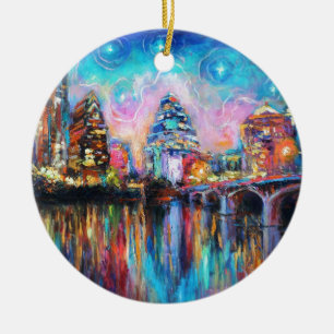 Austin Skyline at night cityscape Art gifts Ceramic Ornament