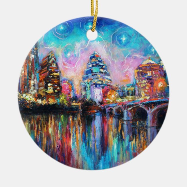 Austin Skyline at night cityscape Art gifts Ceramic Ornament (Front)