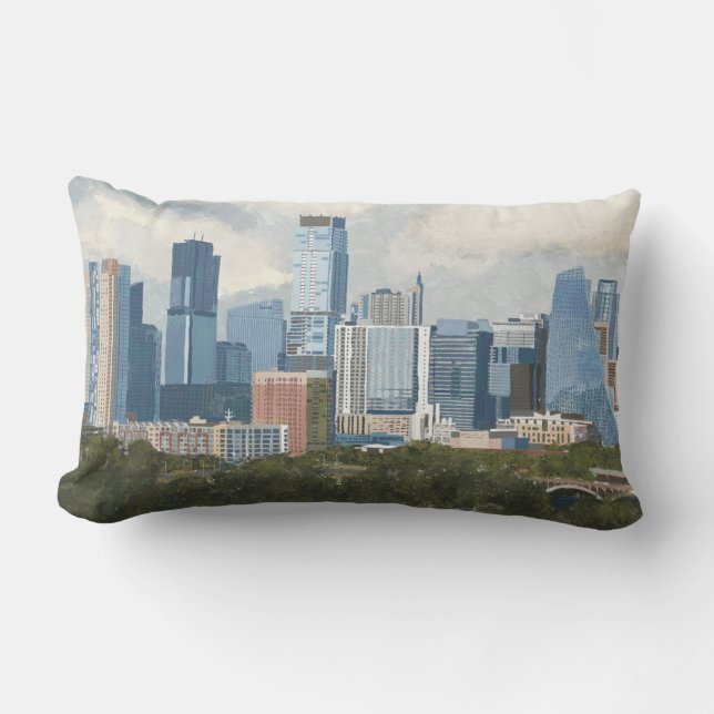 Austin Skyline Painted Art Lumbar Cushion (Front)