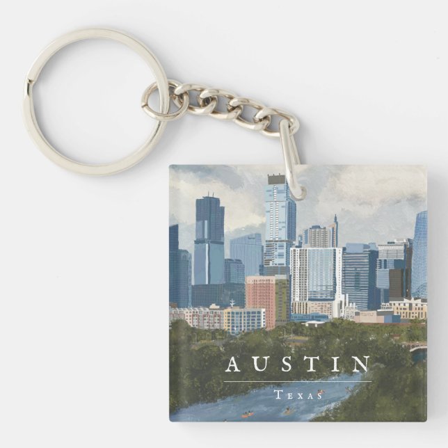 Austin Skyline Painted Art Print Key Ring (Front)