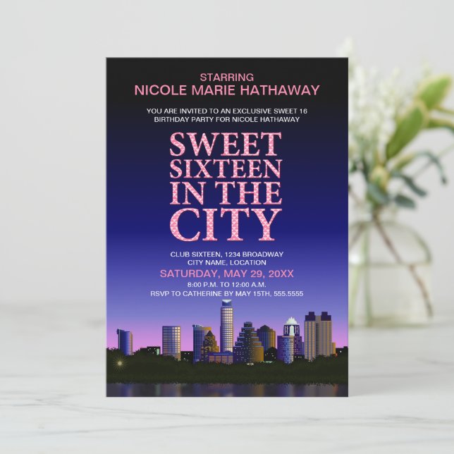 Austin Skyline Sweet Sixteen Movie Party Invitation (Standing Front)