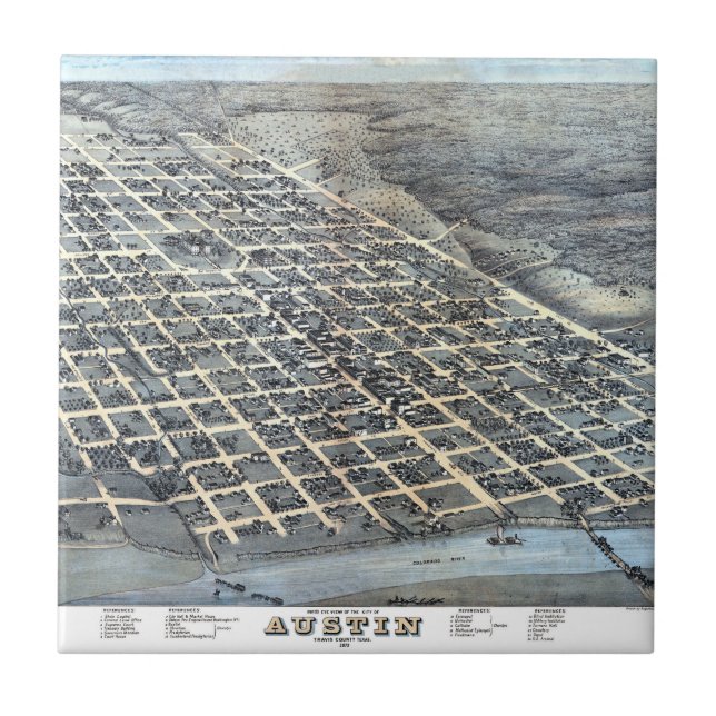 Austin, Texas Antique Aerial City Map from 1873 Ceramic Tile (Front)