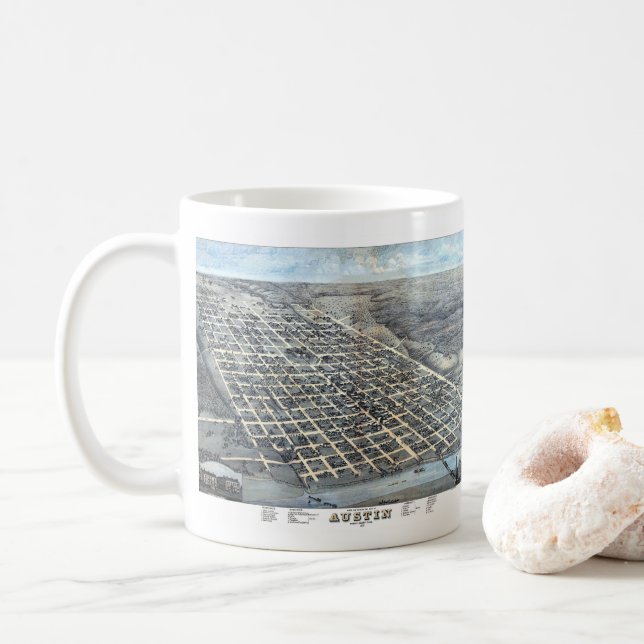 Austin, Texas Antique Aerial City Map from 1873 Coffee Mug (With Donut)