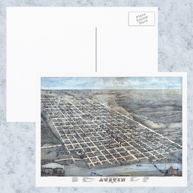 Austin, Texas Antique Aerial City Map from 1873 Postcard (Creator Uploaded)