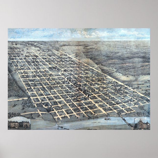 Austin, Texas Antique Aerial City Map from 1873 Poster (Front)