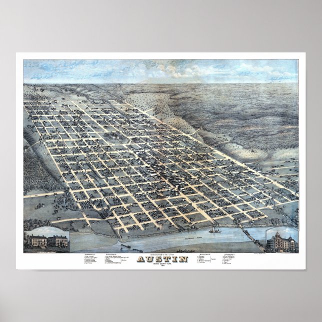 Austin, Texas Antique Aerial City Map from 1873 Poster (Front)