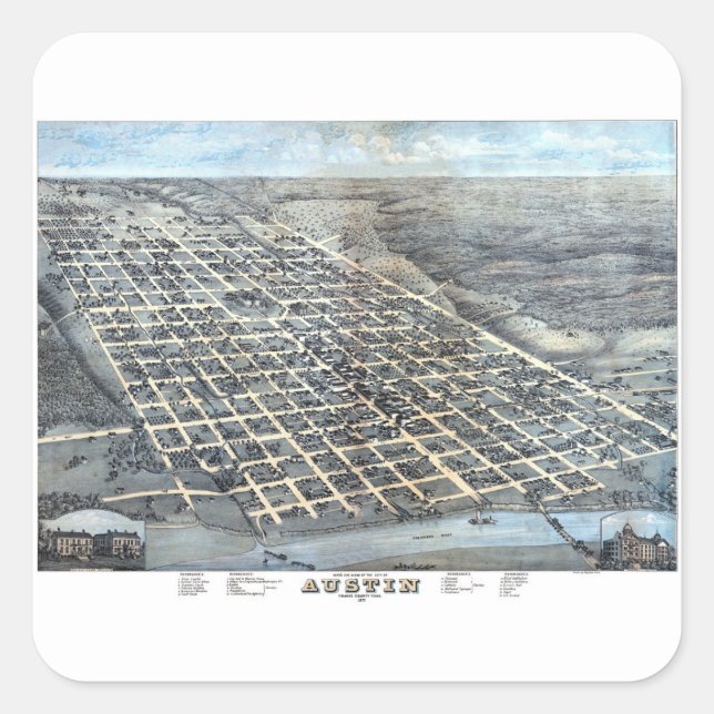 Austin, Texas Antique Aerial City Map from 1873 Square Sticker (Front)