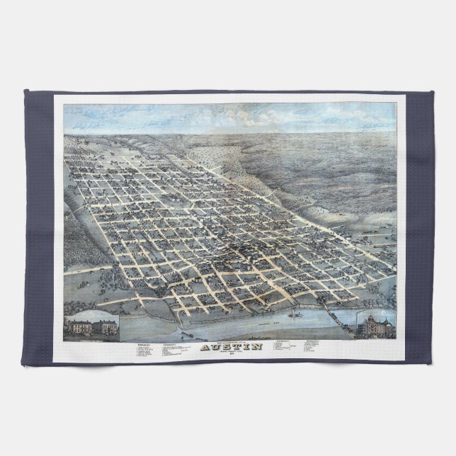 Austin, Texas Antique Aerial City Map from 1873 Tea Towel (Horizontal)