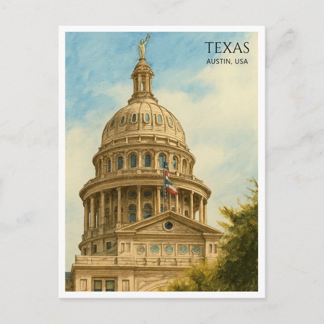 Austin Texas Capitol Dome Watercolor Postcard (Front)