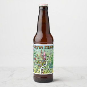 Austin Texas Cartoon Map Beer Bottle Label