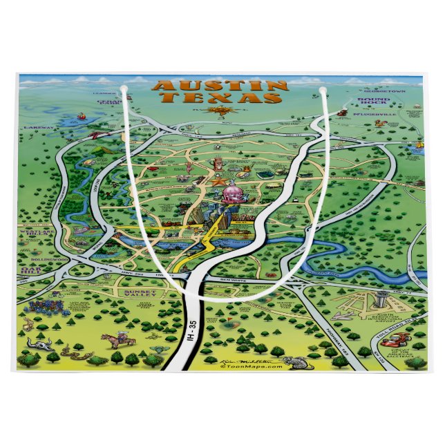 Austin Texas Cartoon Map Large Gift Bag (Front)