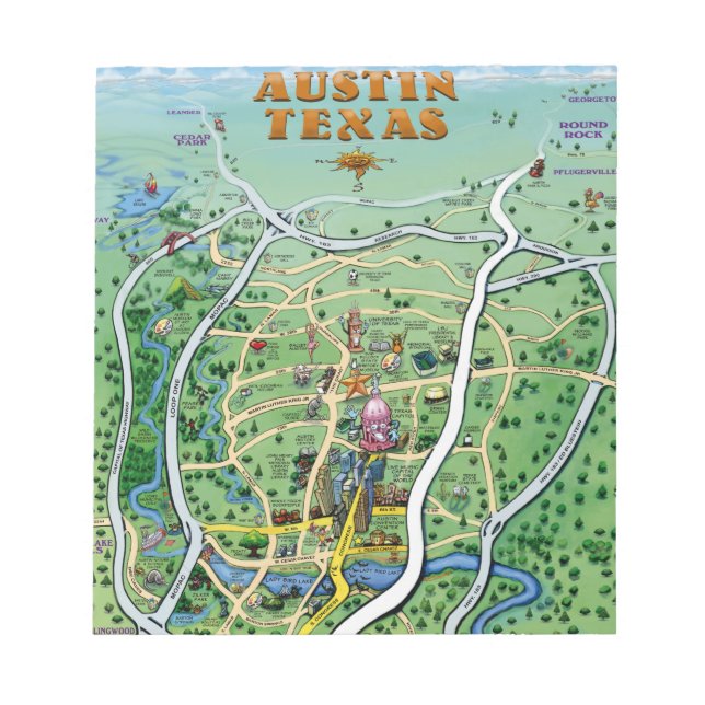 Austin Texas Cartoon Map Notepad (Front)