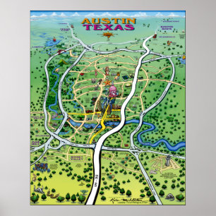 Austin Texas Cartoon Map Poster