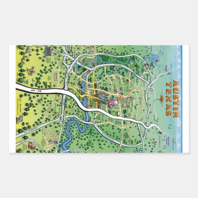 Austin Texas Cartoon Map Rectangular Sticker (Front)