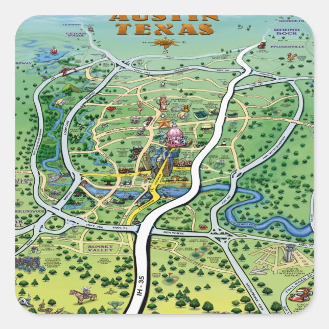 Austin Texas Cartoon Map Square Sticker (Front)