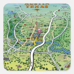Austin Texas Cartoon Map Square Sticker