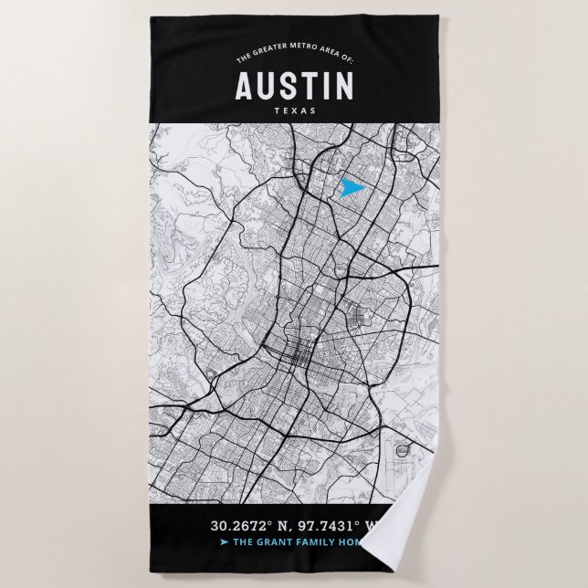 Austin, Texas City Map + Your Custom Location Beach Towel (Front)