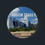 Austin Texas City Skyline Photography 6 Cm Round Badge<br><div class="desc">This modern Austin Texas button features beautiful blue sky and clouds above the city skyline. All of the new buildings against the pretty green trees that epitomises the beauty of the urban downtown and nature of the place. Great travel keepsake gift for a visitor or a local Austinite that likes...</div>