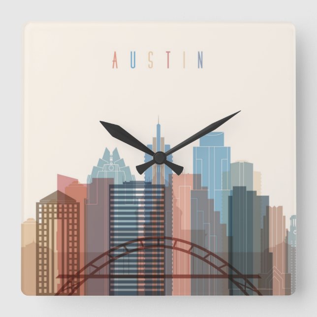 Austin, Texas | City Skyline Square Wall Clock (Front)