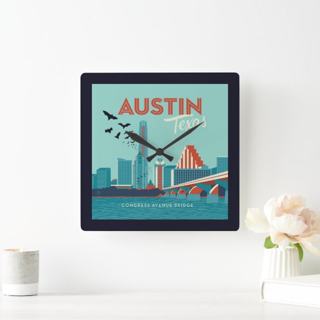 Austin, Texas | Congress Avenue Bridge Square Wall Clock (Home)