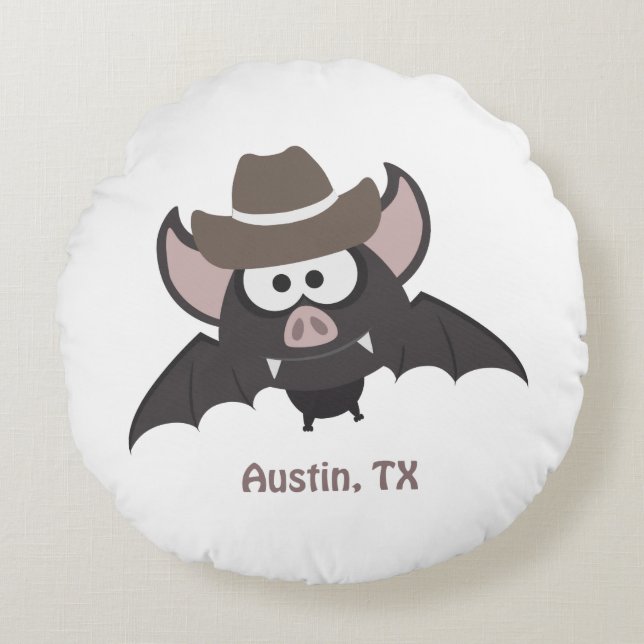 Austin Texas Cute Cartoon Cowboy Bat Round Cushion (Front)