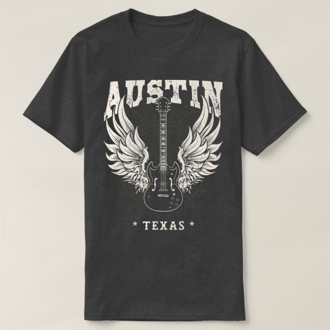 Austin Texas Distressed Guitar Angel Wings Music T-Shirt (Design Front)