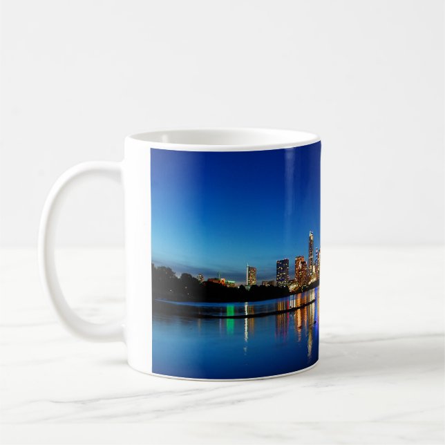 Austin Texas Downtown Night Skyline Ladybird Lake Coffee Mug (Left)