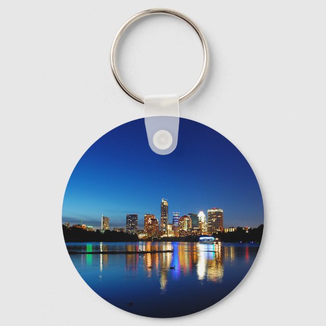 Austin Texas Downtown Night Skyline Ladybird Lake Key Ring (Front)