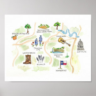 Austin Texas Hill Country Watercolor Map Poster