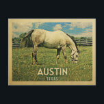 Austin Texas Horse Farm -Vintage Travel Postcard<br><div class="desc">Austin Texas rural vintage travel postcard.  It features a white horse grazing on green grass with fence and blue clouds sky above. A fun country farm image with rustic charm.</div>