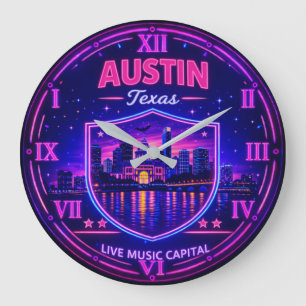 Austin Texas Neon Skyline Large Clock