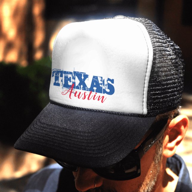 Austin Texas Red Blue Typography Trucker Hat (Creator Uploaded)