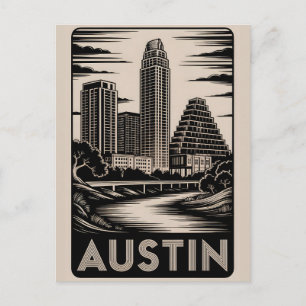Austin Texas Skyline Black White Woodcut Holiday Postcard