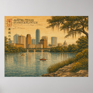 Austin Texas Skyline in Japanese Ukiyo-e Poster