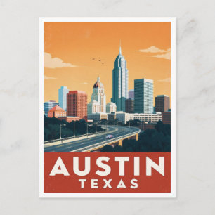 Austin Texas Skyline Vintage Travel Art Postcard