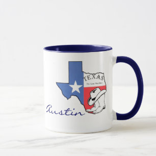 Austin, Texas State Map with Star, Boots, Hat Mug