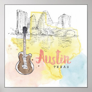 Austin,Texas Watercolor Sketch Poster