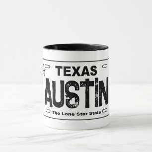 Austin Texas white license plate mug