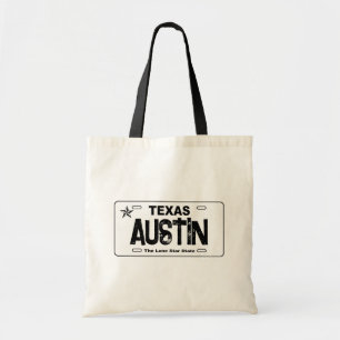 Austin Texas white license plate tote bag