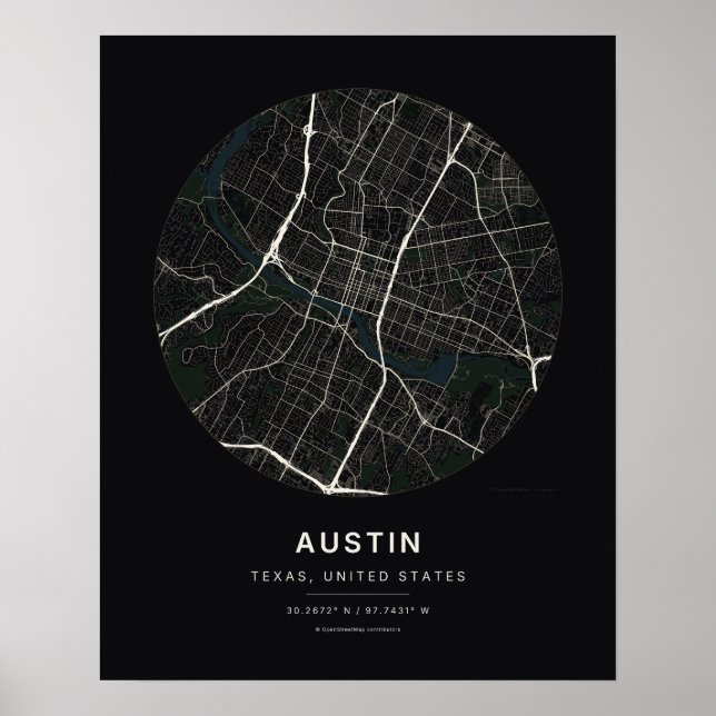 Austin TX Black City Map Art Print (Front)
