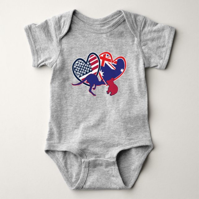 Australia and Unioted States Flag Hearts Baby Bodysuit (Front)